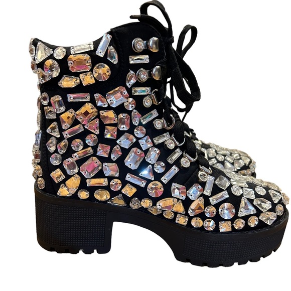 Akira Azalea Wang Tryna Black Lace-up Crystallized Gems Bootie 7 - Picture 4 of 13